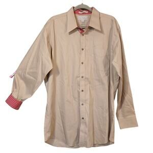 Paul Frederick Button Up Collared Shirt Men's 17 1/2-35 Khaki Tan Pink Flip Cuff